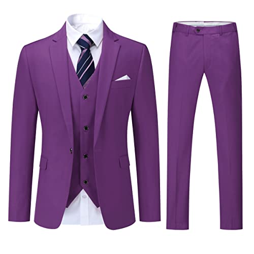 YOUTHUP Herren 3 Teilig Anzug Slim Fit Formell Anzüge 1 Knopf Herrenanzug für Business Hochzeit, violett, L von YOUTHUP