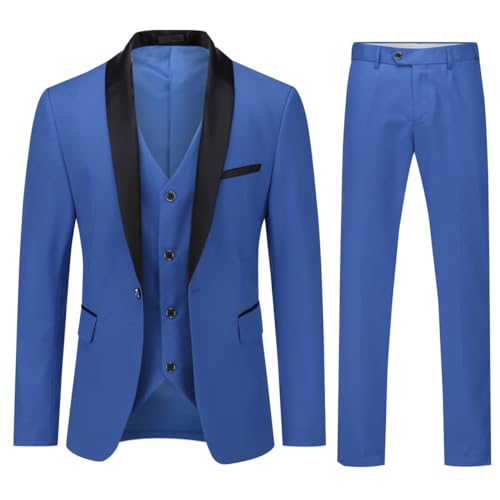 YOUTHUP Herren 3 Teiliger Slim Fit Anzüge Hochzeit Party Herrenanzug Schalkragen Smoking Sakko Hose Weste, Blau, L von YOUTHUP