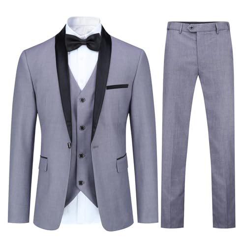 YOUTHUP Herren 3 Teiliger Slim Fit Anzüge Hochzeit Party Herrenanzug Schalkragen Smoking Sakko Hose Weste, Hellgrau, S von YOUTHUP