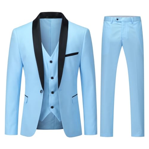 YOUTHUP Herren 3 Teiliger Slim Fit Anzüge Hochzeit Party Herrenanzug Schalkragen Smoking Sakko Hose Weste, Himmelblau, XL von YOUTHUP