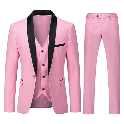 YOUTHUP Herren 3 Teiliger Slim Fit Anzüge Hochzeit Party Herrenanzug Schalkragen Smoking Sakko Hose Weste, Rosa, M von YOUTHUP