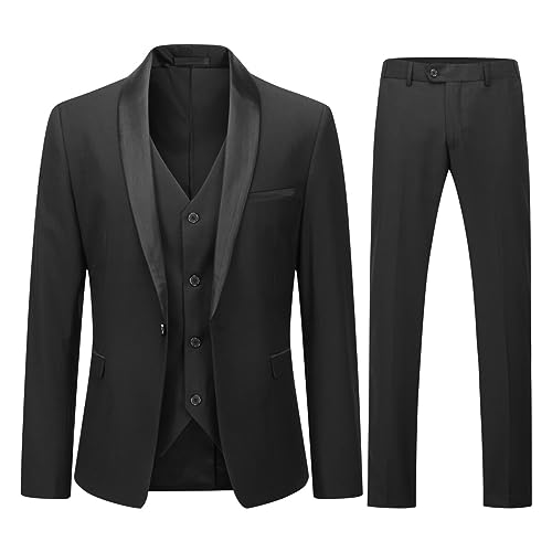 YOUTHUP Herren 3 Teiliger Slim Fit Anzüge Hochzeit Party Herrenanzug Schalkragen Smoking Sakko Hose Weste, Schwarz, M von YOUTHUP