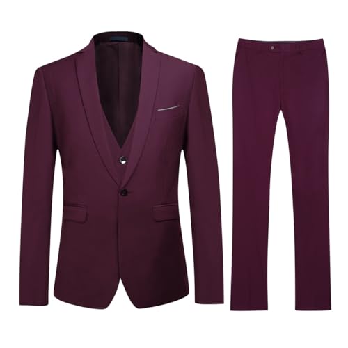 YOUTHUP Herren Anzug Slim Fit 3 Teilig Anzüge für Hochzeit Business Herrenanzug Sakko Anzughose Weste, Dunkel Rot, 3XL von YOUTHUP