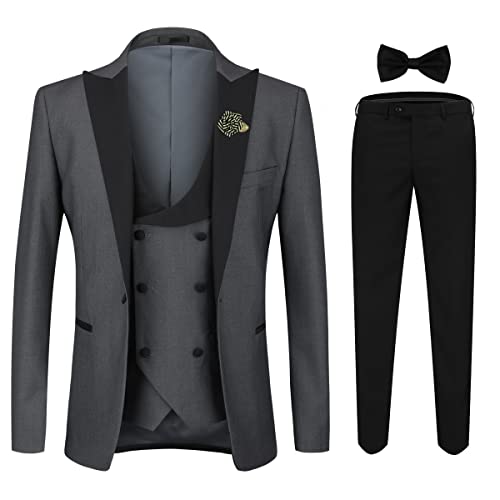 YOUTHUP Herren Anzug Slim Fit 3 Teiliger Herrenanzug Modern Smoking mit Fliege und Broschen für Hochzeit Abschlussball, Grau, 3XL von YOUTHUP