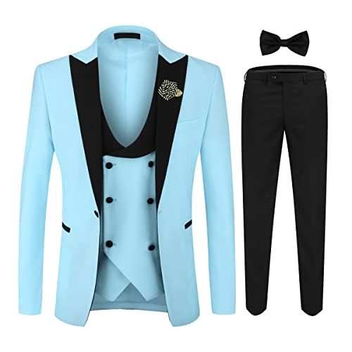 YOUTHUP Herren Anzug Slim Fit 3 Teiliger Herrenanzug Modern Smoking mit Fliege und Broschen für Hochzeit Abschlussball, Himmelblau, L von YOUTHUP