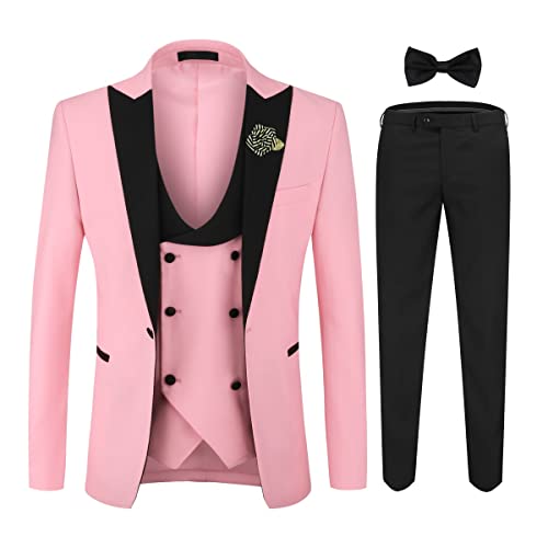 YOUTHUP Herren Anzug Slim Fit 3 Teiliger Herrenanzug Modern Smoking mit Fliege und Broschen für Hochzeit Abschlussball, Rosa, M von YOUTHUP