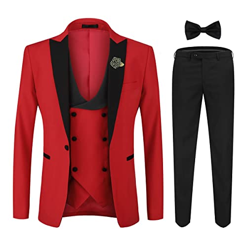 YOUTHUP Herren Anzug Slim Fit 3 Teiliger Herrenanzug Modern Smoking mit Fliege und Broschen für Hochzeit Abschlussball, Rot, L von YOUTHUP