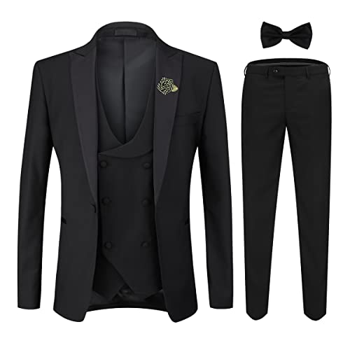 YOUTHUP Herren Anzug Slim Fit 3 Teiliger Herrenanzug Modern Smoking mit Fliege und Broschen für Hochzeit Abschlussball, Schwarz, 3XL von YOUTHUP