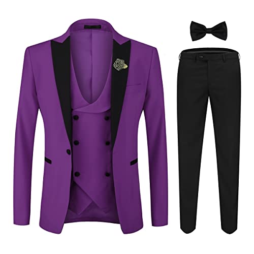 YOUTHUP Herren Anzug Slim Fit 3 Teiliger Herrenanzug Modern Smoking mit Fliege und Broschen für Hochzeit Abschlussball, Violett, L von YOUTHUP