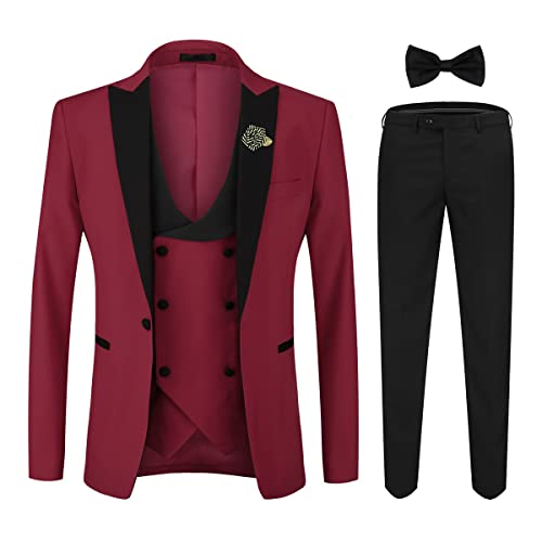 YOUTHUP Herren Anzug Slim Fit 3 Teiliger Herrenanzug Modern Smoking mit Fliege und Broschen für Hochzeit Abschlussball, Weinrot, L von YOUTHUP