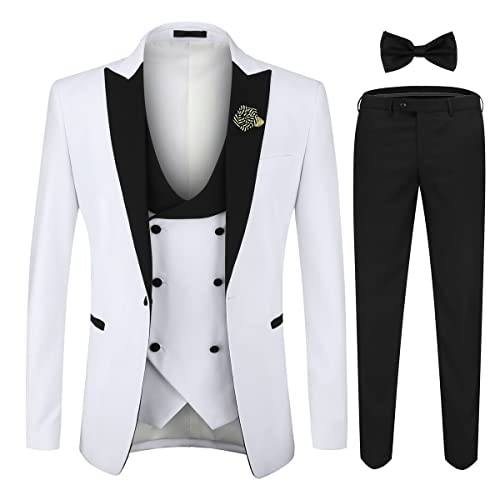 YOUTHUP Herren Anzug Slim Fit 3 Teiliger Herrenanzug Modern Smoking mit Fliege und Broschen für Hochzeit Abschlussball, Weiß, 3XL von YOUTHUP