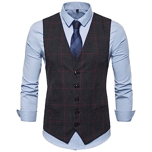 YOUTHUP Weste Herren Westen Kariert Anzugwesten Streifen Slim Fit Plaid Baumwolle Herrenweste, Dunkel Grau, L von YOUTHUP