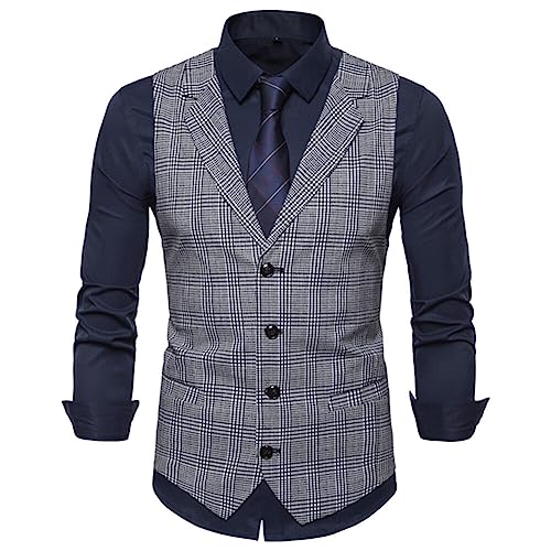 YOUTHUP Weste Herren Westen Kariert Anzugwesten Streifen Slim Fit Plaid Baumwolle Herrenweste, Hell Grau 9702, L von YOUTHUP