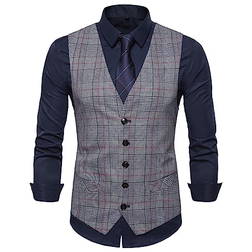 YOUTHUP Weste Herren Westen Kariert Anzugwesten Streifen Slim Fit Plaid Baumwolle Herrenweste, Hell Grau, S von YOUTHUP