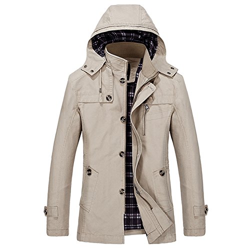 YOUTHUP Herren Mäntel Casual Slim Fit Kapuze Trenchcoat Elegant Militär Windbreaker Frühling Herbst Jacke, Hell Khaki, XXL von YOUTHUP