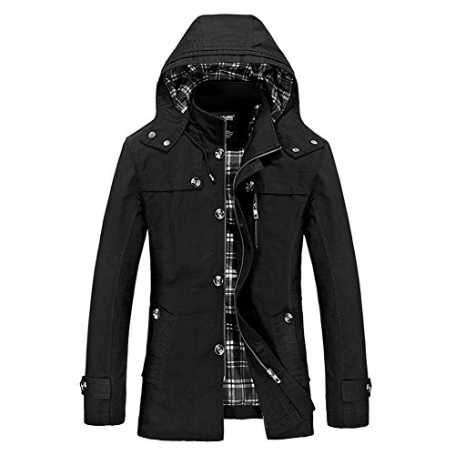 YOUTHUP Herren Mäntel Casual Slim Fit Kapuze Trenchcoat Elegant Militär Windbreaker Frühling Herbst Jacke, Schwarz, L von YOUTHUP