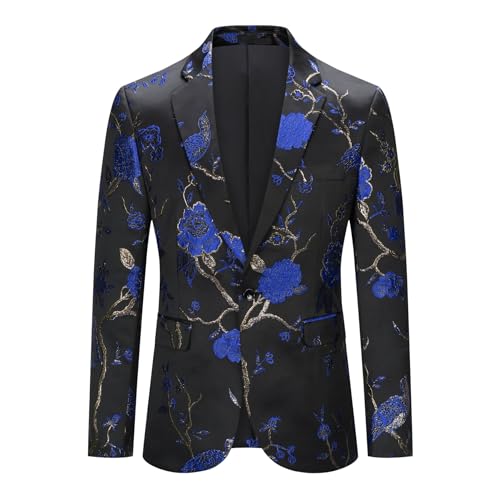 YOUTHUP Herren Sakko Slim Fit Anzugsjacke Stickerei Smoking Jacke mit Blumenmuster für Abendessen Hochzeit Party Abschlussball, Blau, XL von YOUTHUP