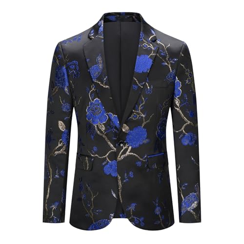 YOUTHUP Herren Sakko Slim Fit Stickerei Anzugsjacke Smoking Jacke mit Blumenmuster für Abendessen Hochzeit Party Abschlussball, Blau, XL von YOUTHUP