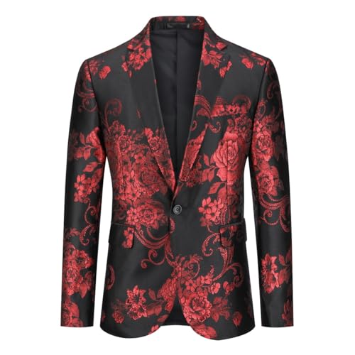 YOUTHUP Herren Sakko Slim Fit Anzugsjacke Stickerei Smoking Jacke mit Blumenmuster für Abendessen Hochzeit Party Abschlussball, Rot-605, L von YOUTHUP