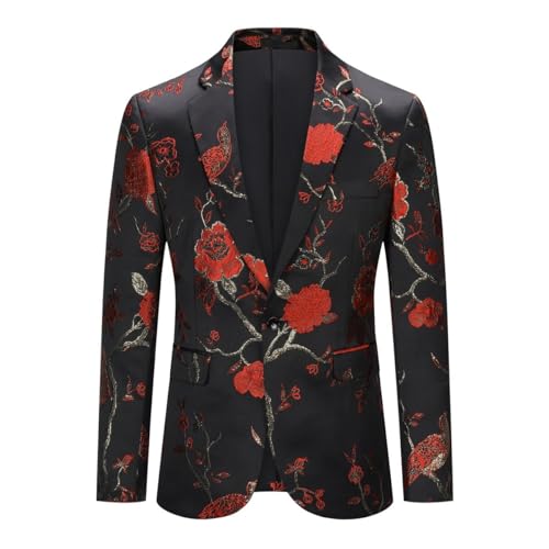 YOUTHUP Herren Sakko Slim Fit Stickerei Anzugsjacke Smoking Jacke mit Blumenmuster für Abendessen Hochzeit Party Abschlussball, Rot Schwarz-607, XXL von YOUTHUP