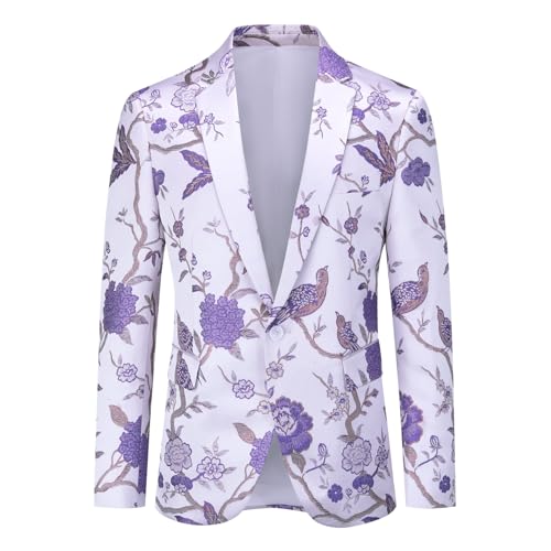 YOUTHUP Herren Sakko Slim Fit Stickerei Anzugsjacke Smoking Jacke mit Blumenmuster für Abendessen Hochzeit Party Abschlussball, Violett-607, XXL von YOUTHUP