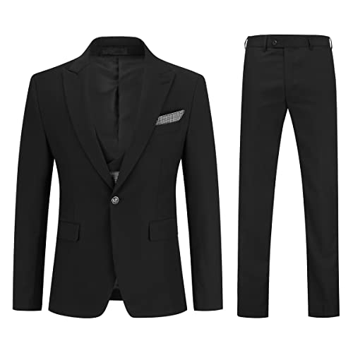 YOUTHUP Anzug Herren Slim Fit 3 Teiliger Anzug Business Hochzeit Smoking Spitzenrevers Sakko Weste Hose und Einstecktuch, Schwarz, 2XL von YOUTHUP