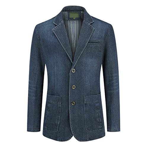YOUTHUP Herren Slim Fit Denim Sakko Casual Business Freizeit 3 Knöpfe Anzugsjacke mehrere Taschen Blazer, Blau, L von YOUTHUP
