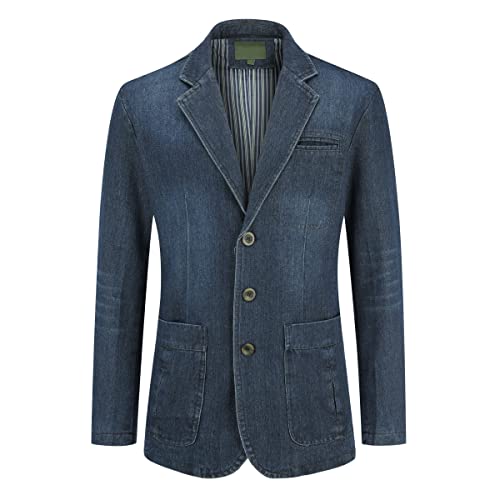 YOUTHUP Herren Slim Fit Denim Sakko Casual Business Freizeit 3 Knöpfe Anzugsjacke mehrere Taschen Blazer, Blau, XL von YOUTHUP