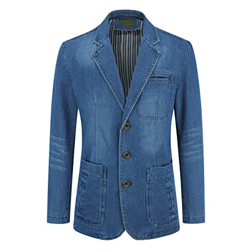 YOUTHUP Herren Slim Fit Denim Sakko Casual Business Freizeit 3 Knöpfe Anzugsjacke mehrere Taschen Blazer, Hellblau, XXL von YOUTHUP