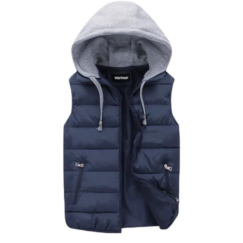 YOUTHUP Herren Steppweste mit Kapuze Leicht Winterweste Outdoor Dicke Freizeit Gilet Ärmellos Jacke Sport Weste, Blau, M von YOUTHUP