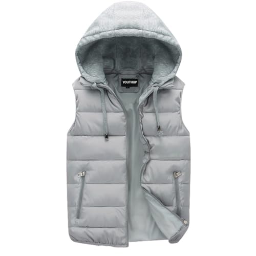 YOUTHUP Herren Steppweste mit Kapuze Leicht Winterweste Outdoor Dicke Freizeit Gilet Ärmellos Jacke Sport Weste, Grau, XL von YOUTHUP
