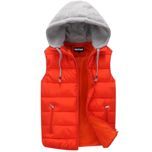YOUTHUP Herren Steppweste mit Kapuze Leicht Winterweste Outdoor Dicke Freizeit Gilet Ärmellos Jacke Sport Weste, Orange, XXL von YOUTHUP