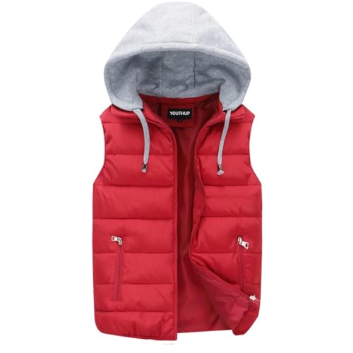 YOUTHUP Herren Steppweste mit Kapuze Leicht Winterweste Outdoor Dicke Freizeit Gilet Ärmellos Jacke Sport Weste, Rot, XL von YOUTHUP