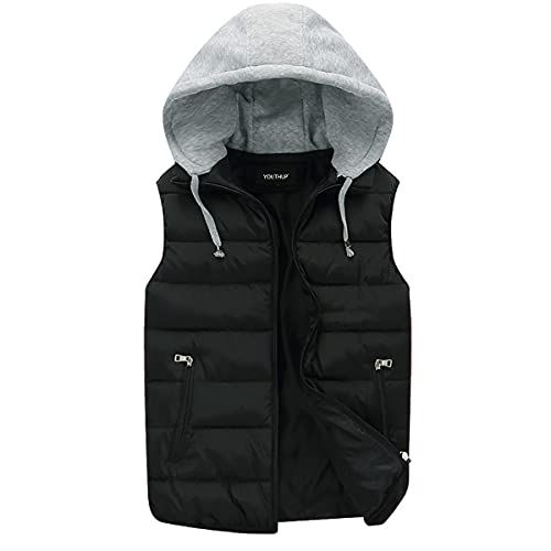YOUTHUP Herren Steppweste mit Kapuze Leicht Winterweste Outdoor Dicke Freizeit Gilet Ärmellos Jacke Sport Weste, Schwarz, XL von YOUTHUP