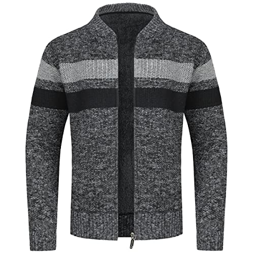 YOUTHUP Herren Strickjacke Fleece Gefüttert Trachtenjacke Dicker Winter Sportlich Fleecejacke Muster Cardigan, Dunkelgrau-6608, M von YOUTHUP