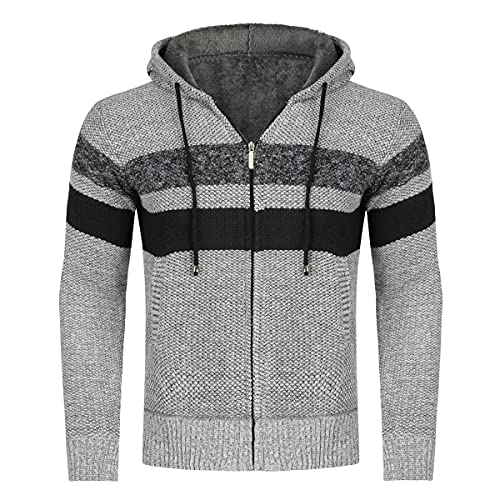 YOUTHUP Herren Strickjacke mit Kapuze Fleece Gefüttert Winter Cardigan Strick Fleecejacke Reißverschluss Kapuzenjacke, Hellgrau, L von YOUTHUP
