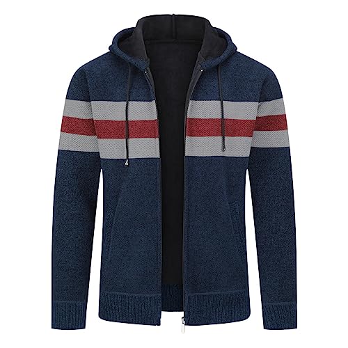 YOUTHUP Herren Strickjacke mit Kapuze Fleece Gefüttert Winter Cardigan Strick Fleecejacke Reißverschluss Kapuzenjacke, Marineblau-8750, 4XL von YOUTHUP
