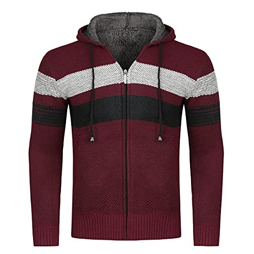 YOUTHUP Herren Strickjacke mit Kapuze Fleece Gefüttert Winter Cardigan Strick Fleecejacke Reißverschluss Kapuzenjacke, Weinrot, L von YOUTHUP