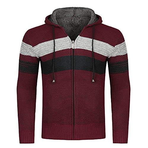 YOUTHUP Herren Strickjacke mit Kapuze Fleece Gefüttert Winter Cardigan Strick Fleecejacke Reißverschluss Kapuzenjacke, Weinrot, S von YOUTHUP