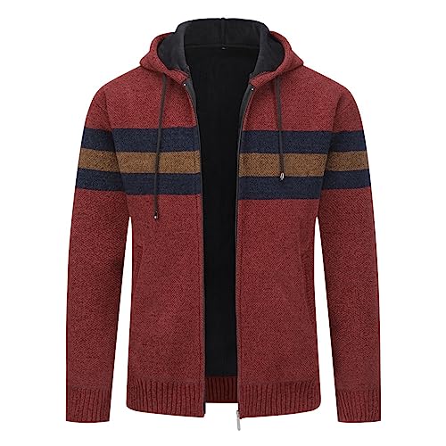 YOUTHUP Herren Strickjacke mit Kapuze Fleece Gefüttert Winter Cardigan Strick Fleecejacke Reißverschluss Kapuzenjacke, Weinrot-8750, XL von YOUTHUP