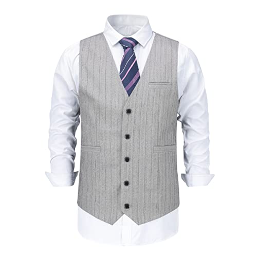 YOUTHUP Herren Weste Anzugweste Slim Fit Vertikal Gestreift Hochzeit Herrenweste Formelle Anzug Westen für Männer, Hellgrau, L von YOUTHUP