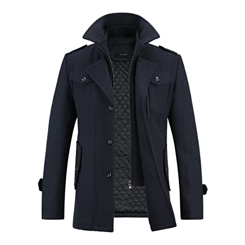 YOUTHUP Herren Wintermantel Wolle Winter Kurzmantel Mittellang Wollmantel Kurz Winterjacke für Business Freizeit, Navy-Dick, L von YOUTHUP