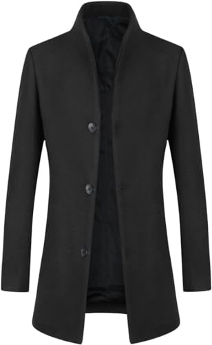 YOUTHUP Herren Wolle Wintermantel Slim Fit Mittelang Wollmantel Business Übergangsmantel für Winter, Schwarz (Thin), S von YOUTHUP