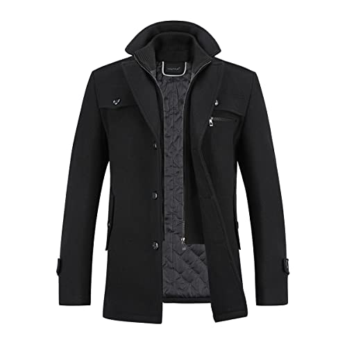 YOUTHUP Herren Wollmantel Dick Winter Kurzmantel Regular Fit Wintermantel Freizeit Herrenmantel Übergangsmantel, Schwarz, L von YOUTHUP