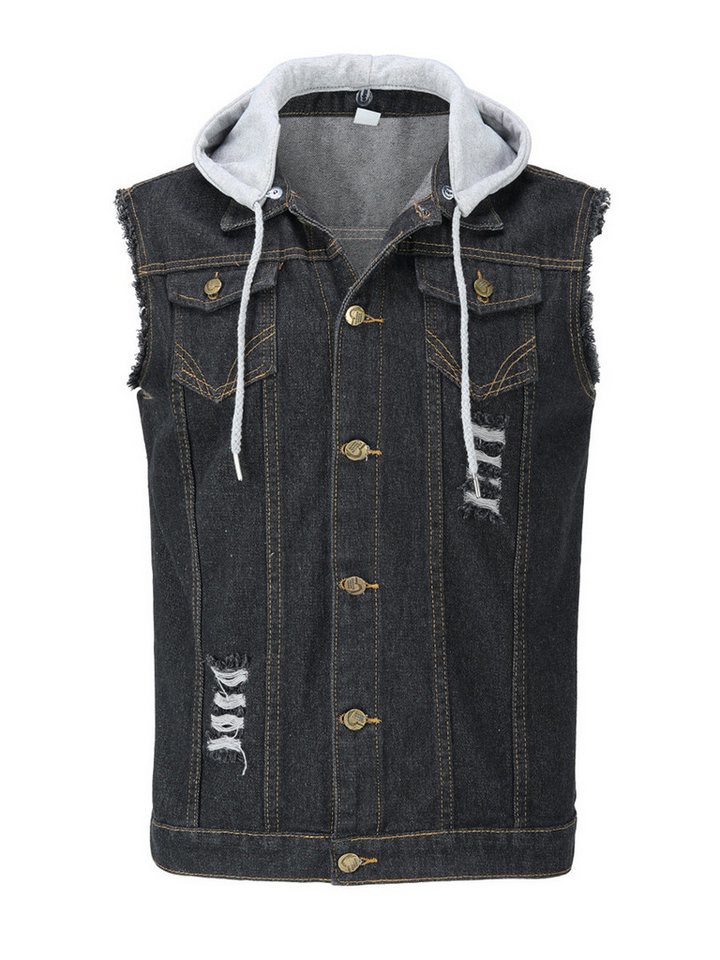 YOUTHUP Jeansweste Herren Denim Weste mit Kappe Zerrissen Jeansweste von YOUTHUP
