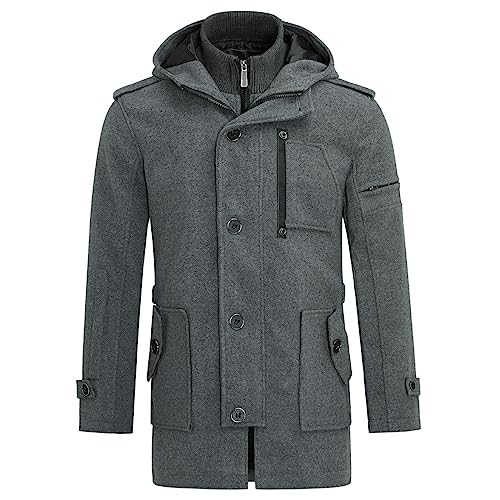 YOUTHUP Mantel Herren Wollmantel mit Kapuze Regular Fit Wolle Wintermantel Mittelange Winter Herrenmantel, Grau, 3XL von YOUTHUP