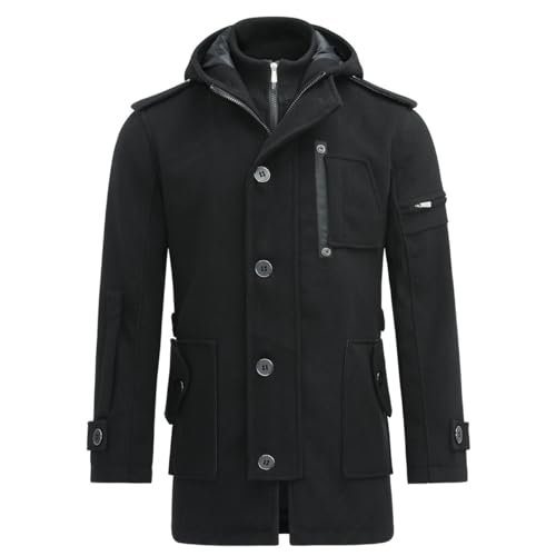YOUTHUP Mantel Herren Wollmantel mit Kapuze Regular Fit Wolle Wintermantel Mittelange Winter Herrenmantel, Schwarz, XL von YOUTHUP