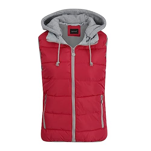 YOUTHUP West Damen Steppweste mit Kapuze Leicht Winterweste Freizeit Outdoor Ärmellos Jacke Gilet Bodywarmer, Rot, XXL von YOUTHUP