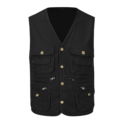YOUTHUP Weste Herren Anglerweste Outdoor Ärmellose Fotografie Jagd Sportweste Multi-Tasche Leicht Knopf Herrenweste Wandern Freizeitweste,Schwarz,XXL von YOUTHUP