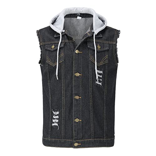 YOUTHUP Weste Herren Denim Weste mit Kappe Regular Fit Zerrissen Jeansweste Ärmellose Freizeitweste, Schwarz, L von YOUTHUP